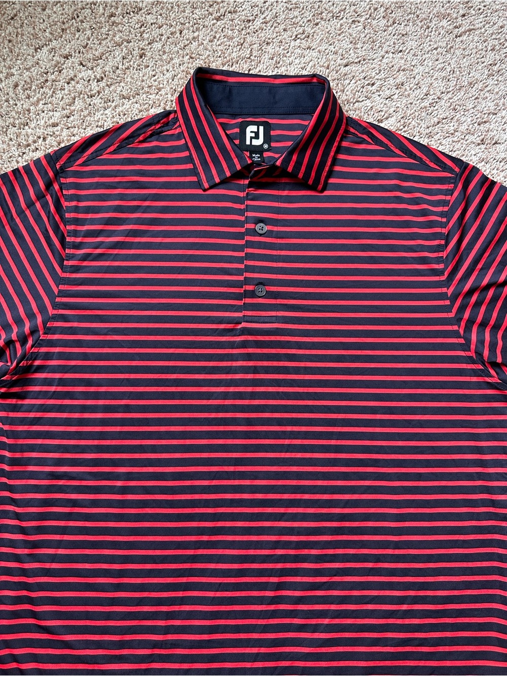 FootJoy FJ Mens Golf Polo Shirt Men’s Medium Red Navy Blue Striped Short Sleeve